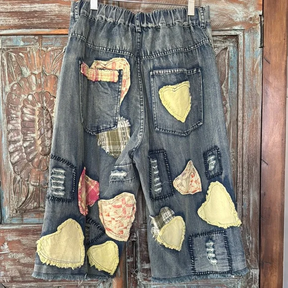 Blue Velvet Patchwork Denim Shorts/Jorts with Heart Accents - Picture 11 of 11